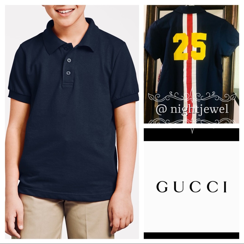 RARE💙LAST 1!🖤GUCCI Boys cotton stretch polo shirt navy stripe back 25 logo